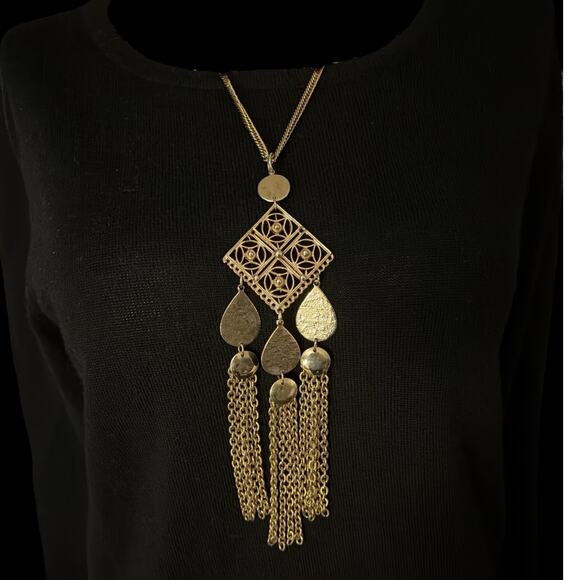 Gold Tone Thry-Tri Tassel Statement Necklace - Picture 1 of 8